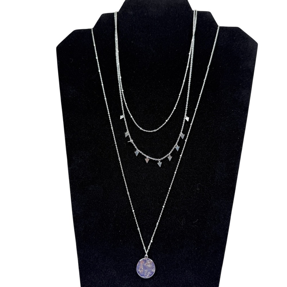 Layered Necklace with Silver Tone Hammered Disc Pendant Boho Fashion Jewerly